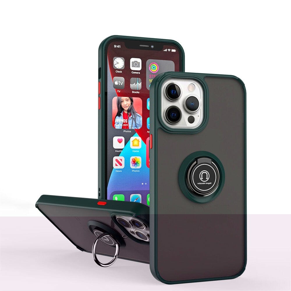 Husa Anti Fall Metal Bracket pentru Apple iPhone 12/ 12 Pro, Rezistenta la socuri, Margini colorate, Cu inel de prindere magnetic,  Verde