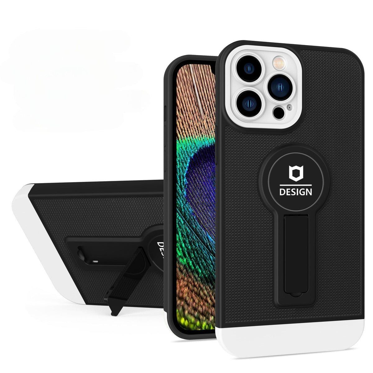 Husa Armor Design cu Stand pentru Apple iPhone 14 Pro Max Negru/Alb, Suport Auto Magnetic, Protectie Antisoc