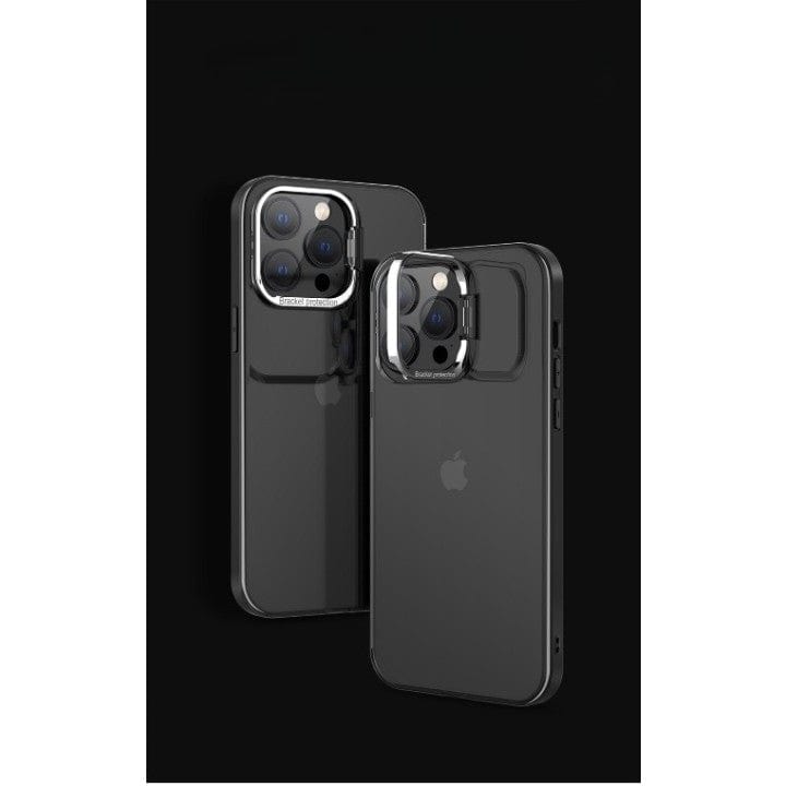 Husa de protectie pentru iPhone 14, cu suport metalic pentru camera, Bracket Series, Protectie Antisoc, PC mat, silicon moale pe margini, Negru