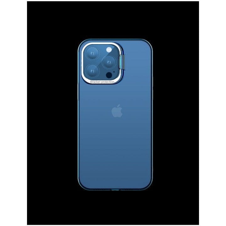 Husa de protectie pentru iPhone 14 Plus, cu suport metalic pentru camera, Bracket Series, Protectie Antisoc, PC mat, silicon moale pe margini, Albastru