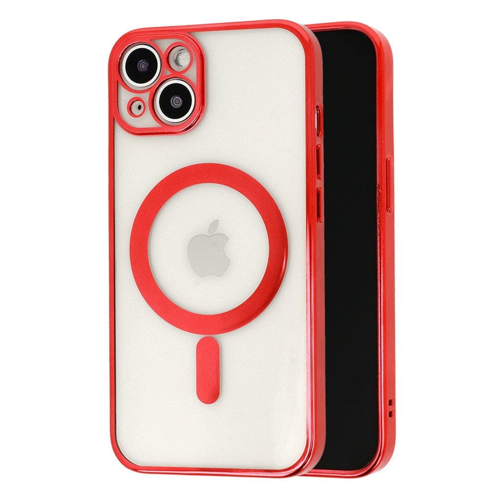 Husa MagSafe pentru Apple iPhone 14, Full Cover, Protectie camera, Margini colorate Electroplating, Magnetica, Incarcare Wireless, Rosu