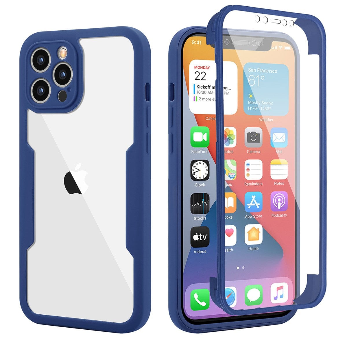 Husa Max Defence pentru iPhone 12 , Bumper Albastru, Fata Dubla Transparenta, Protectie Antisoc Full 360 ( fata, spate, margini )