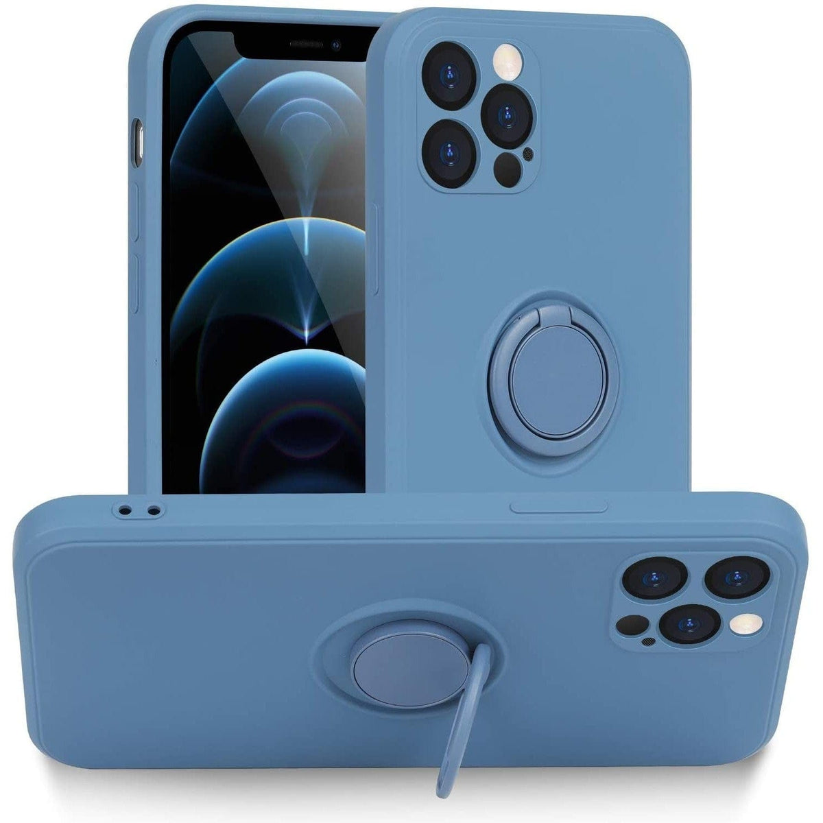 Husa protectie compatibila cu Apple iPhone 12 Mini Liquid Silicone Ring cu suport rotativ Albastru