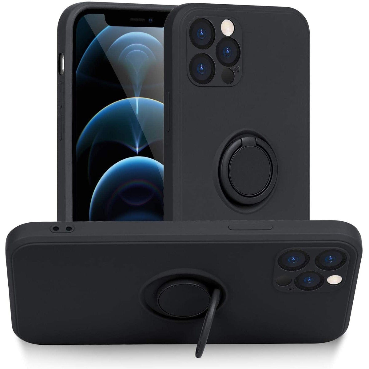 Husa protectie compatibila cu Apple iPhone 12 Pro Liquid Silicone Ring cu suport rotativ Negru