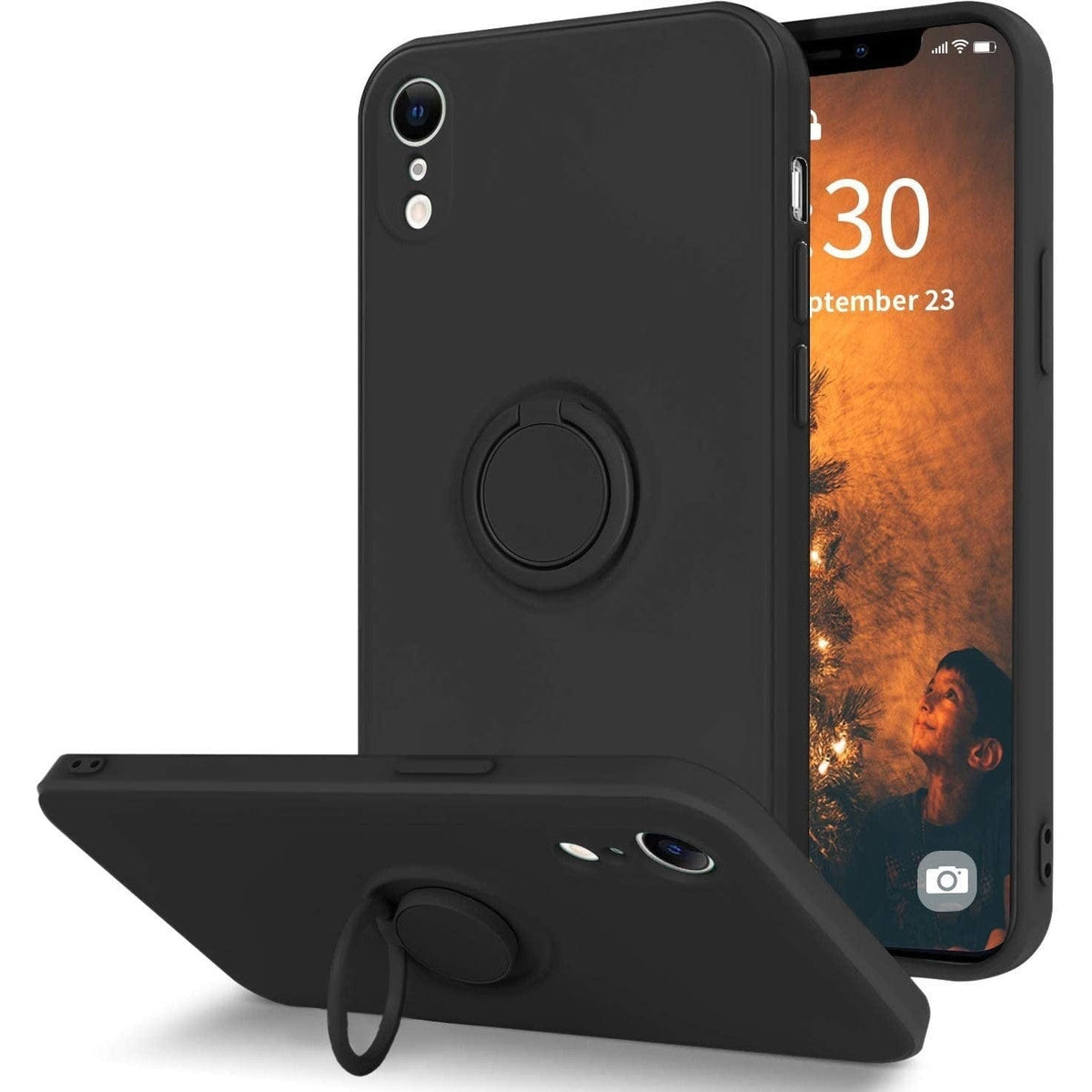HUSA PROTECTIE COMPATIBILA CU APPLE IPHONE XR LIQUID SILICONE RING CU SUPORT ROTATIV NEGRU