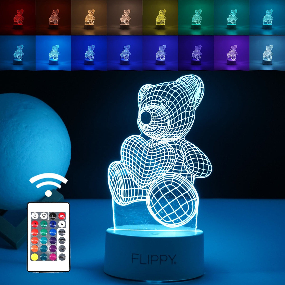 Lampa LED decorativa, 3D, ursulet, din material acril si lumina multicolora, alb